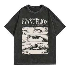 Men's Loose Vintage Washed T-Shirt, Neon Genesis Evangelion EVA Anime Print, Washed Distressed Loose Casual Short Sleeve Shirt