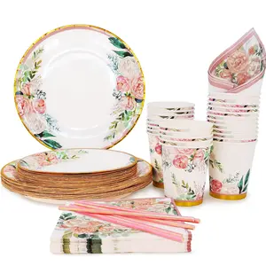 Floral Party Supplies paper plates and Napkins Sets for 24 Guest-Include Floral Disposable Paper PlatesCupsNapkin forr Bridal ShowerBirthdayWeddingBachelorette party Supplies