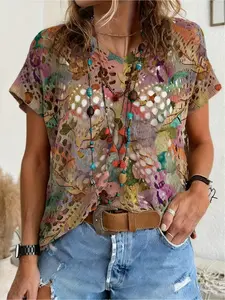 Spring/Summer style, V-neck diamond hollow-out batwing raglan short sleeve cover-up, contrast color floral and plant print women's knitted top, vacation style, casual for daily commute, bikini cover-up, Swimsuit cover up