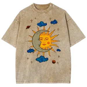 valentine shirts Men's Moon and Sun Printed T-shirt Oversized Short Sleeved Retro Washed Shirt Summer Top