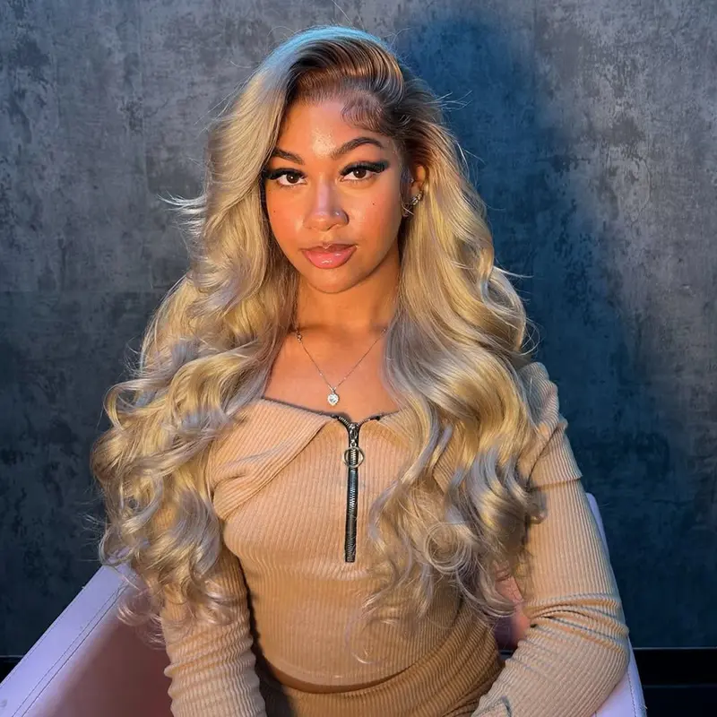 Brown Roots Ash Blonde Body Wave 13x6 Lace Frontal Wig 180% Density Ombre Ash Blonde Human Hair Wigs For Women Medium Cap Size 21-23.5 Inches Tangle-Free, Wedding, Heat Resistant