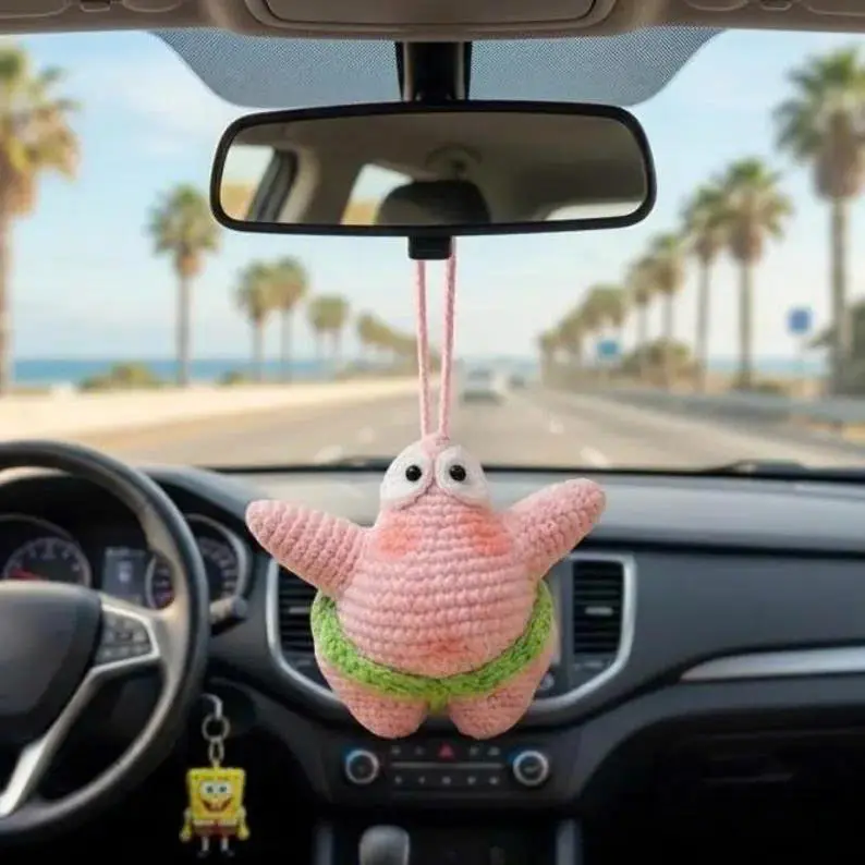 Pink Starfish Crochet Keychain, Funny Amigurumi Bag Charm, Cute Cartoon Plush, Handmade Backpack Accessory, Unique Fan Gift
