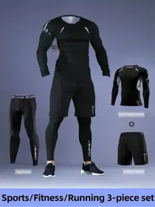 3 Piece Set Compression Breathable Mesh Long Sleeve Top, Quick-Dry Tight Pants & Reflective Pocket Shorts, High Elasticity Sportswear