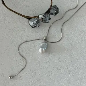 Small Baroque Pearl Sliding Necklace for Women Adjustable Length & Minimalist Design