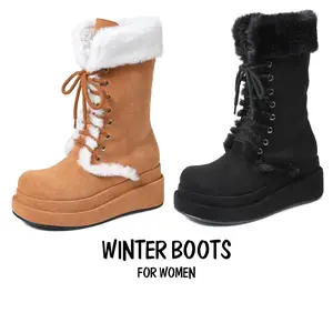 CELNEPHO Winter Boots for Women Suede Faux Fur Lined Round Toe Lace up Side Zipper Platform Heel Fur Boots Cozy Boot
