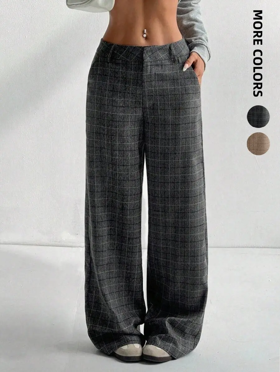 Women's High Waisted Plaid Wide Leg Polyester Pants - Button-Accented, Retro, Comfortable, Chic Basic Bottoms with All-Season Fit, Machine Washable Everyday Casual Workwear Trousers
