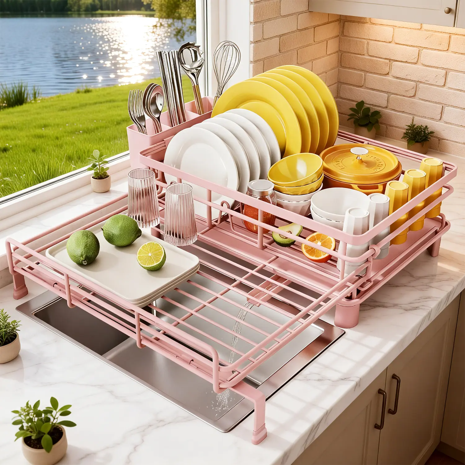 Extendable Small Dish Drying Rack for Large Sink & Kitchen Counter, Stainless Steel Dish Drainer with Utensil Holder