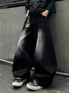Men's Patchwork Loose Fit Plain Wide Leg Jeans, Y2K Streetwear Menswear Street Style Rock Casual Denim Jeans, All Seasons Fashion Gift for Boyfriend Husband Pants