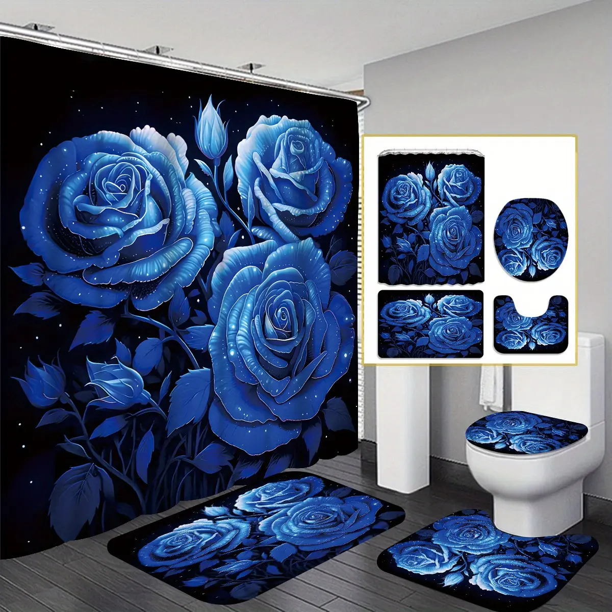 4pcs set, mysterious sheen and floral charm pattern shower curtain, blue rose shower curtain set combination, shower curtain set with 12 hooks for bathroom next to shower, U-shaped bath mat, bath cover mat, suitable for all seasons