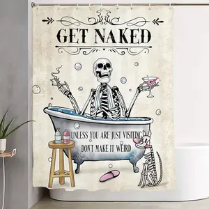 1/4pcs Vintage Whimsical Skeleton Bathroom Set, Shower Curtain with 'GET NAKED' & Cocktail Smoking Pipe Design, 2 Floor Mats & Toilet Lid Cover, Perfect for Halloween, Funny Home Decor Gift
