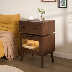 LED Nightstand Modern Nightstands with 360° Rotating Drawer LED Bedside Table with Glass Door Storage Mid Century Bedside Tables for Bedroom