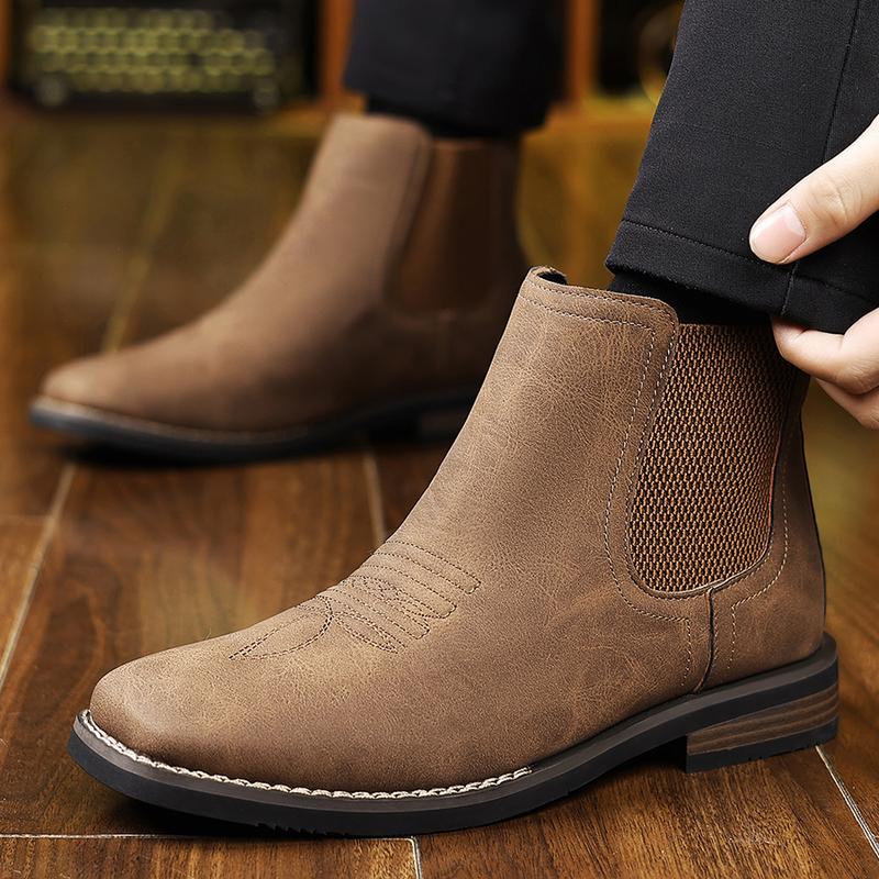 New Winter Men’s Western Cowboy Boots, Square Toe Chelsea Boots, Casual Retro Fashion Classic Comfortable Simple Khaki, Black, and Gray Trendy Men’s Shoes