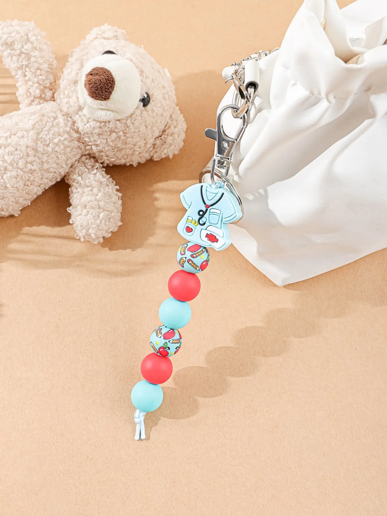Teach Love Inspire Keychain, Silicone Beaded Wristlet Lanyard for Teachers, Leopard Print ID Badge Holder, Teacher Appreciation Gift, Keychain Charm