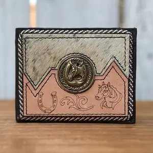Brown Leather Wallet with Western Engravings, Genuine Cowhide, and Metallic Horse and Horseshoe | Made in Mexico
