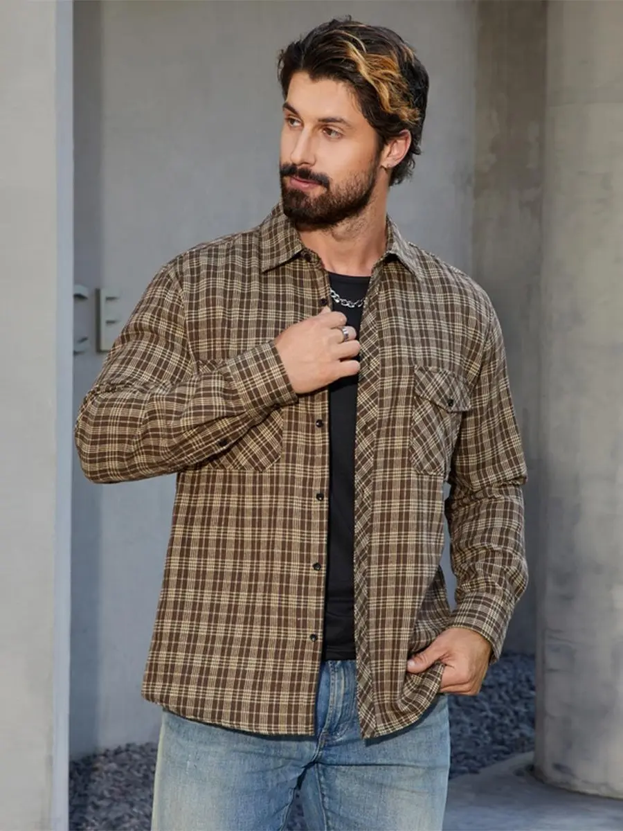 Men's Plaid Flannel Shirt - Casual Lightweight Fitted Cut Long Sleeve Button-Down Top with 2 Chest Pockets, Jeans, Tops, Menswear