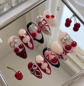 Handmade Luxury Cherry Press On Nails: 3D Burgundy Coquette Nails, Silver Bow & Heart Ribbon Nails, Dark Red Aesthetic Fake Nails
