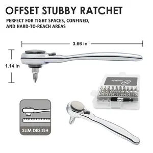 STREBITO Right Angle Screwdriver 32-Piece 1/4 Inch Mini Ratchet Set Low Profile Offset Bit Set with 72-Tooth Ratcheting Wrench Stubby Ratchet 90 Degree Screwdriver for Small Spaces