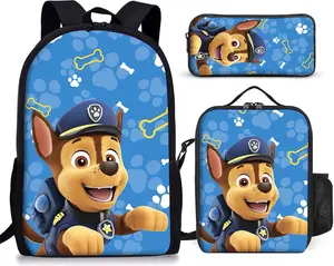 Paw Patrol Backpacks 3PCS Set Large Capacity Multifunction Backpack Lunch Bag Zipper Pouch Set Travel Daypacks Cartoon Animals