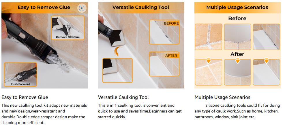Silicone Caulking Tools-3 in 1 Sealant Finishing Tool Grout Remove Scraper (Stainless Steelhead),Caulk Remover Glass Glue Angle Scraper for Bathroom,Kitchen,Floor,Window,Sink Joint,Frames Seal