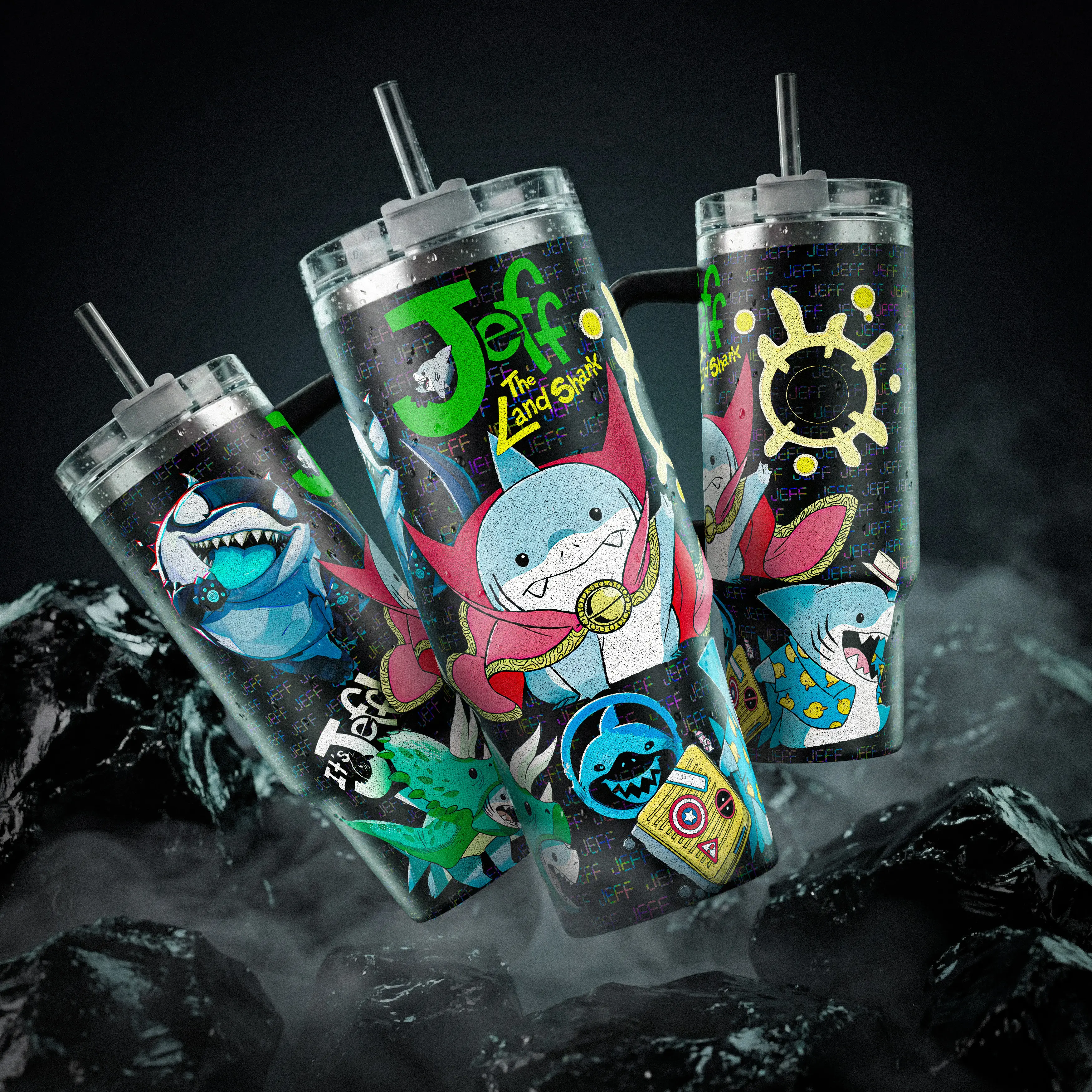 Jeff The Land Shark MV Rivals 40oz Tumbler Green Text Pattern