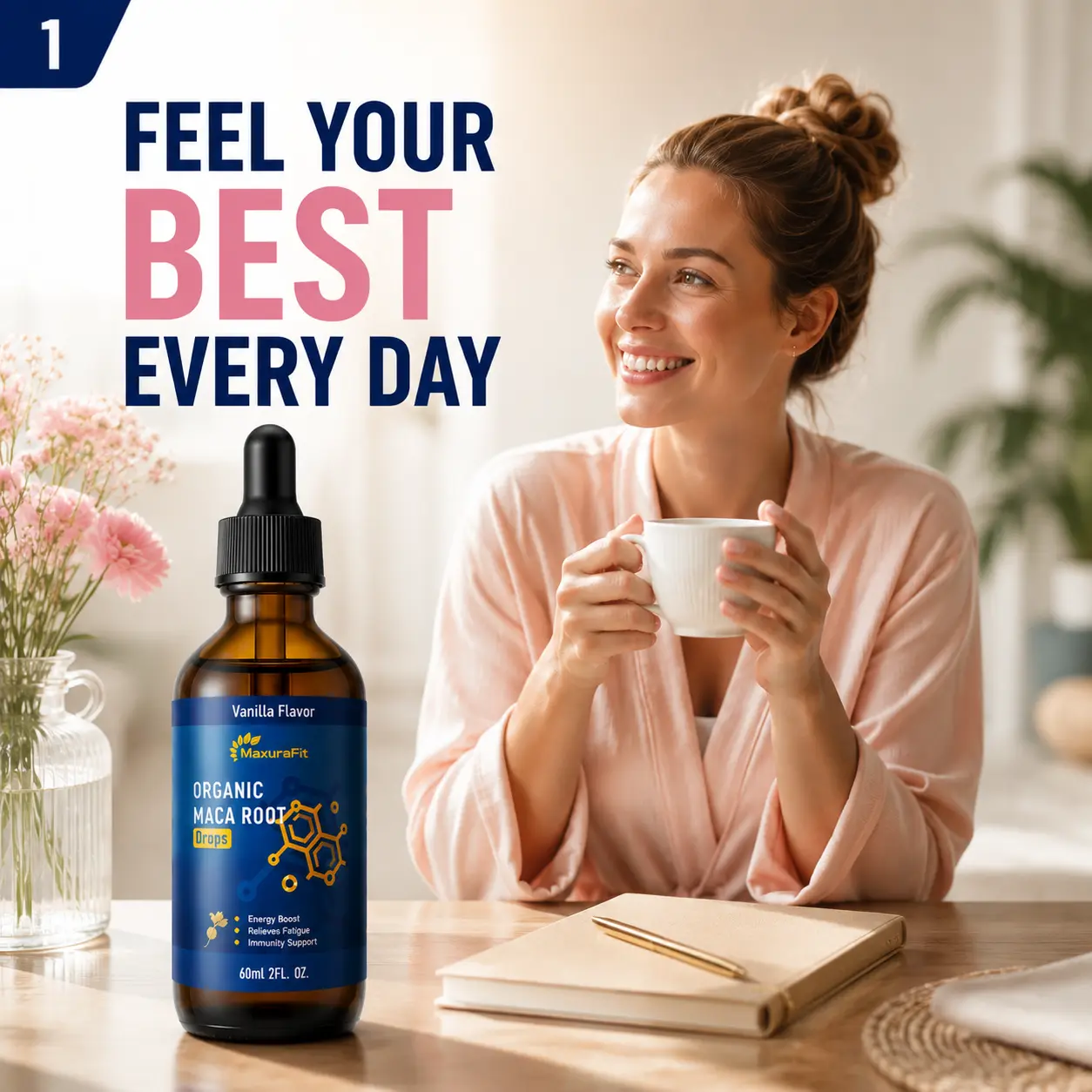 MaxuraFit Organic Maca Root Drops for Women's Daily Energy, Mood & Wellness Support, 6-in-1 Formula with Ashwagandha, Goji, Ginger, L-Arginine & Magnesium, Vanilla Flavor, 2 Fl Oz