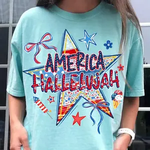 Comfort Colors Preppy America Hallelujah T-Shirt - America Hallelujah Star And Bow Design With Red White Blue Floral Pattern , 4th Of July Christian Shirt , Summer USA Outfit , Gift For Patriotic Women