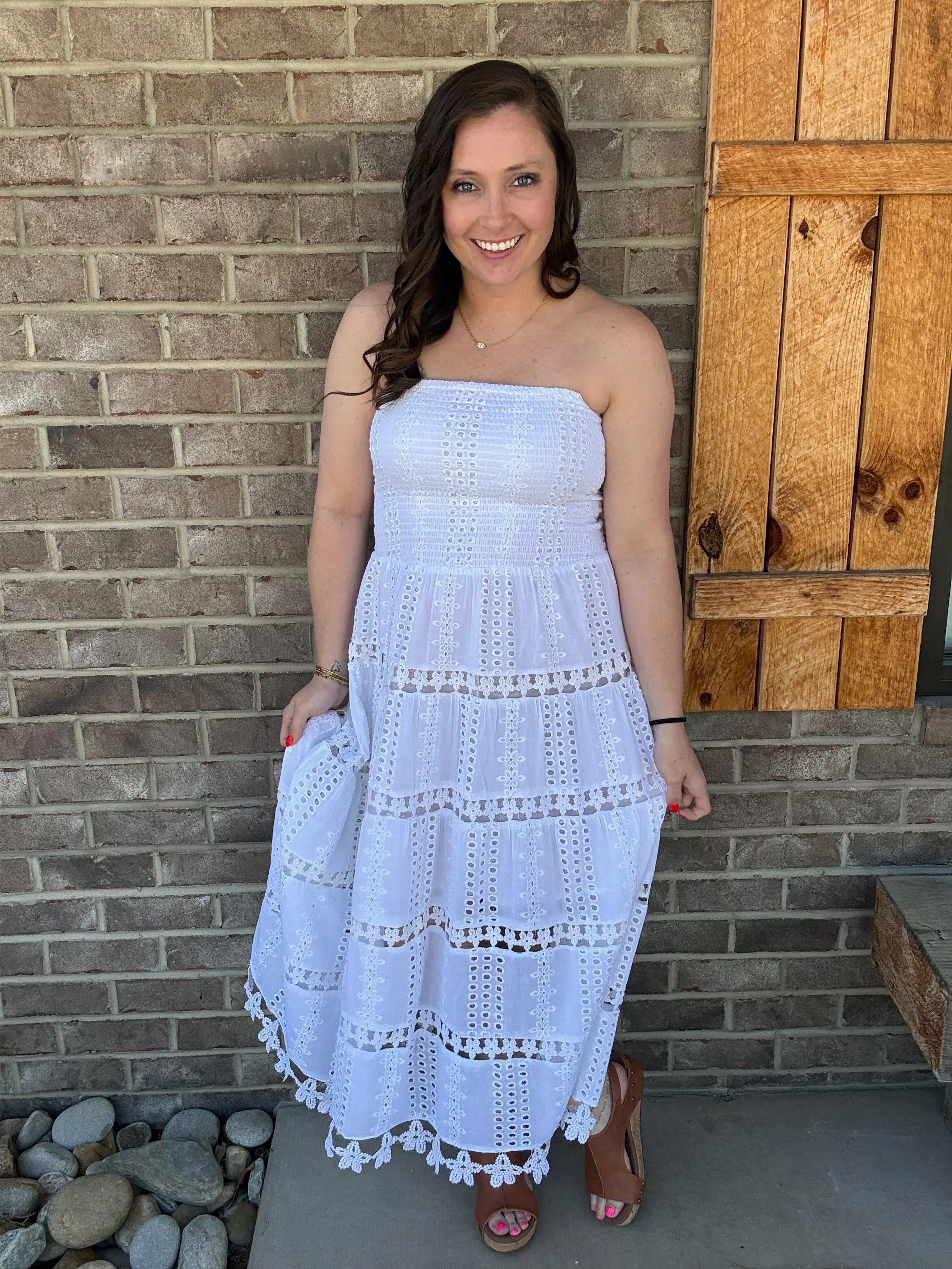White Shirred Strapless Dress by Simply Southern