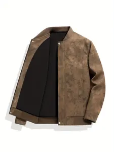 1pc TNZI men's spring, autumn and winter thickened motorcycle jacket, PU jacket, casual stand-up collar, windproof and warm jacket, loose solid color zipper, simple large-sized fashionable PU jacket, baseball jacket