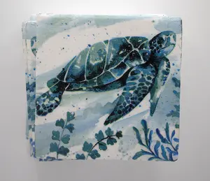 Handmade Coastal Turtle Decoupage Ceramic Coasters Set of Four for Home Decor & Beach Lovers