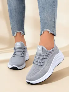 Women's Blue Knit Lace-Up Sneakers, Lightweight Casual Walking Shoes, Fashionable Platform Trainers for Daily Wear, Sports Shoes, Thick Sole Sneakers