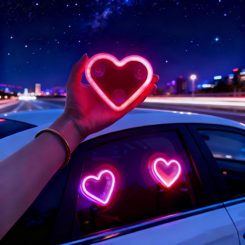 2PCS-Solar Powered Wireless LED Heart Shape C-Pillar Neon Light Eco-Friendly Modern Stylish Look for Car Interior Decor 9.57mm x 8.42mm x 15.36mm