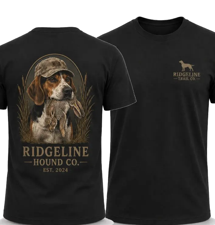 Ridgeline Hound Co. T-Shirt – Beagle Rabbit Hunting Graphic Tee, Premium Black Cotton Apparel Outdoor Small Game Hunting Gift for Hunters & Hound Lovers, Menswear Top Streetwear Casual