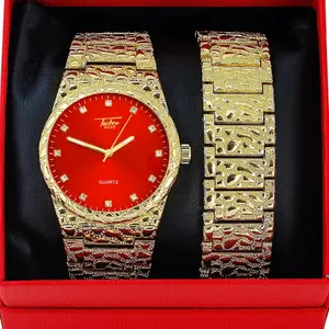 Men Wristwatch Iced Luxury Hip Hop Golden Nugget Bling Red Dial Wrist Metal Shiny Fashion Watch & Bracelet Gift, Quartz Movement, Analog