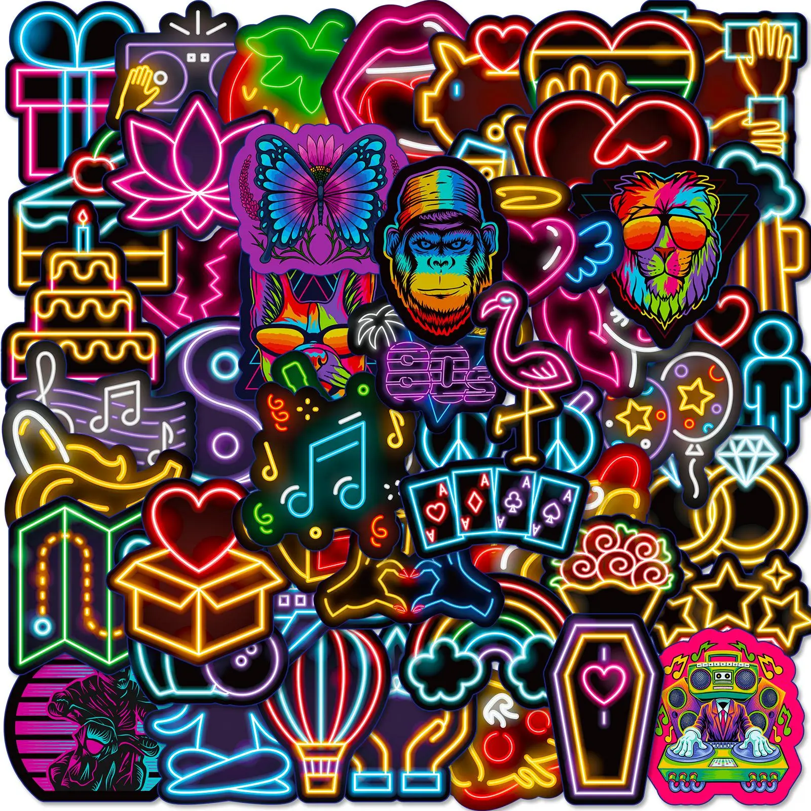 Decorative stickers Cartoon Neon Graffiti Sticker For Car Skateboard Luggage Decoration (50pcs/set), Self Adhesive Decor Paper, Decor Sticker For Gift Greeting Card Water Bottle Laptop Phon