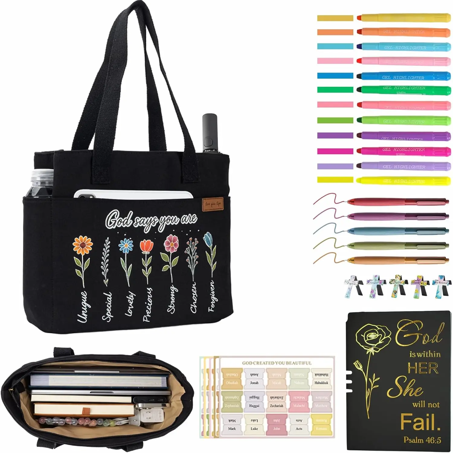 25 PCS Bible Study Supplies Kit, Large Capacity Canvas Tote Bag for Women Organizer, Bible Highlighters and Quick Dry Pens No Bleed Through, Notebook Tabs Cross Bookmark Journaling Accessories