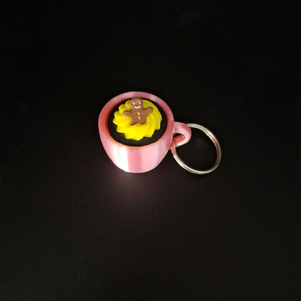 Gingerbread Coffee Clicker Keychain - Pink Cup Design with Cute Gingerbread Man Charm