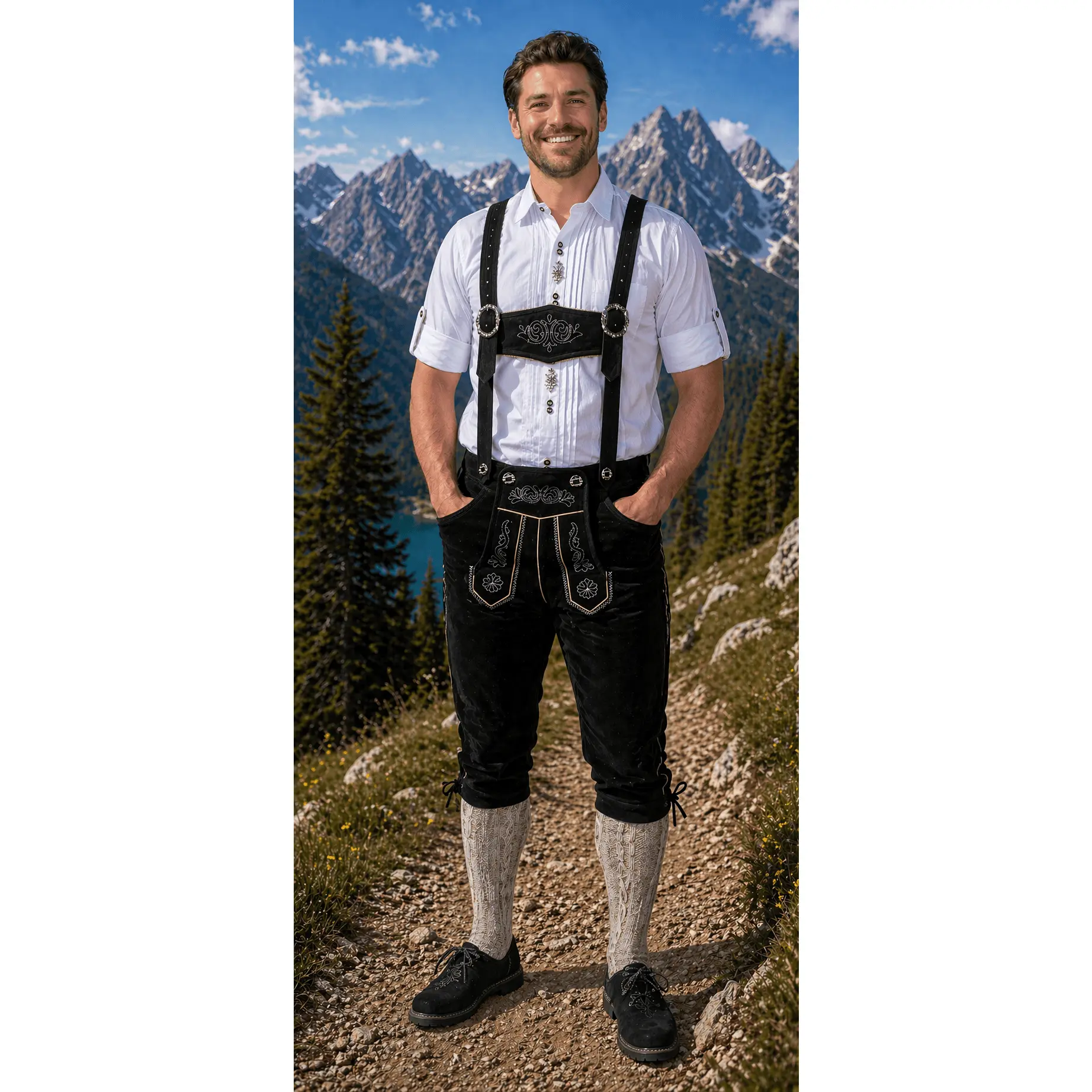 Men’s Black Leather Bundhosen (Lederhosen Pants) with Embroidered Suspenders – Premium Trachten for Weddings (30–54)