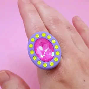 Purple Hot Pink Clay and Crystal Ring