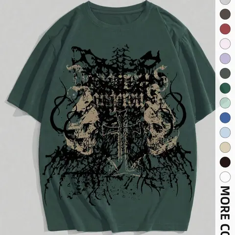 Men's Cross & Skull Print Drop Shoulder Tee, Casual Letter Graphic Short Sleeve Round Neck Crewneck Fitted Knitted T-shirt for Spring & Fall, Men's Clothes for Daily Wear, Cool Graphic Tee