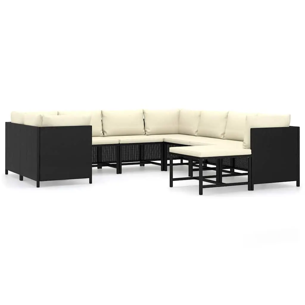 vidaXL Patio Lounge Set 9 Piece, Sectional Sofa for Outdoor, Patio Furniture with Cushions, Footstool, Farmhouse Modern Style, Poly Rattan Black 3059792