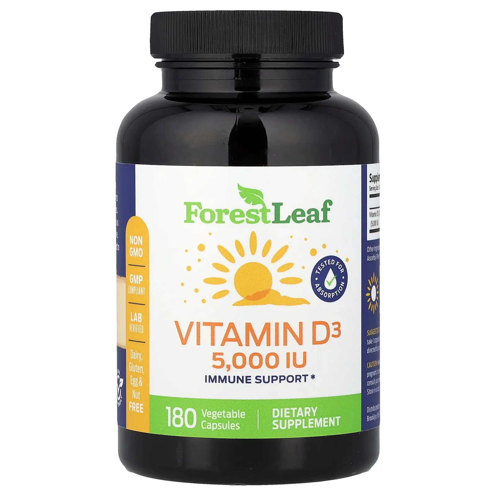 Forest Leaf Vitamin D3, 125 mcg (5,000 IU), 180 Vegetable Capsules