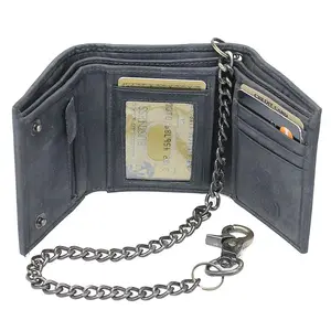Jamin Leather Vintage Charcoal Gray/Black RFID Trifold Chain Wallet #WC513210KID with 11 Pockets, 12" Removable Chain, 5 Card Slots, ID Window, Zippered Pocket, and Double Snap Closure