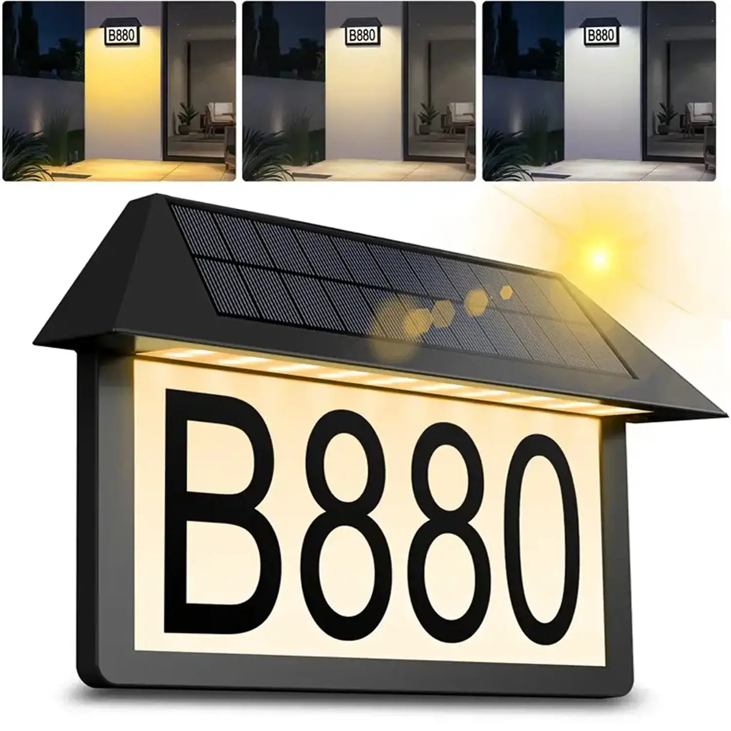 Solar Wall Light Address Sign House Numbers Light Waterproof 60LEDs Solar Light Outdoor 3 Color Temperature, High Brightness Address Numbers 300LM, Wall Mounted Address Plaque for Home Yard Street Signage Led Decor
