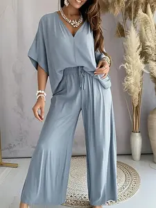 Women's V-Neck Loose Bat Sleeve Solid Color Top & Drawstring Casual Basic Style Wide Leg Pants Set Outfit Batwing T-Shirts for Daliy Commute Home 2 Pieces Sets