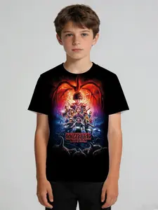 Boys' Summer Creative Fashion Stranger Things IP Character Collection Fantasy Atmosphere Film & TV Trendy Style Pattern Printed Graphic Shirt Short-Sleeve T-Shirt/Comfortable Casual Versatile Wearable, Soft Breathable Top/Gift