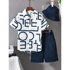 Three-piece Set Boy's Letter Print Short Sleeve Shirt & Hat & Shorts  Set, Casual Summer Outfits Clothes for Kids Outdoor Holiday, Kids Clothing