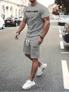 Men's Menswear Printed Two-Piece Set Round Neck Short Sleeve Top and Shorts, Casual Comfortable Fitted Geometric Pattern Tee and Track Shorts