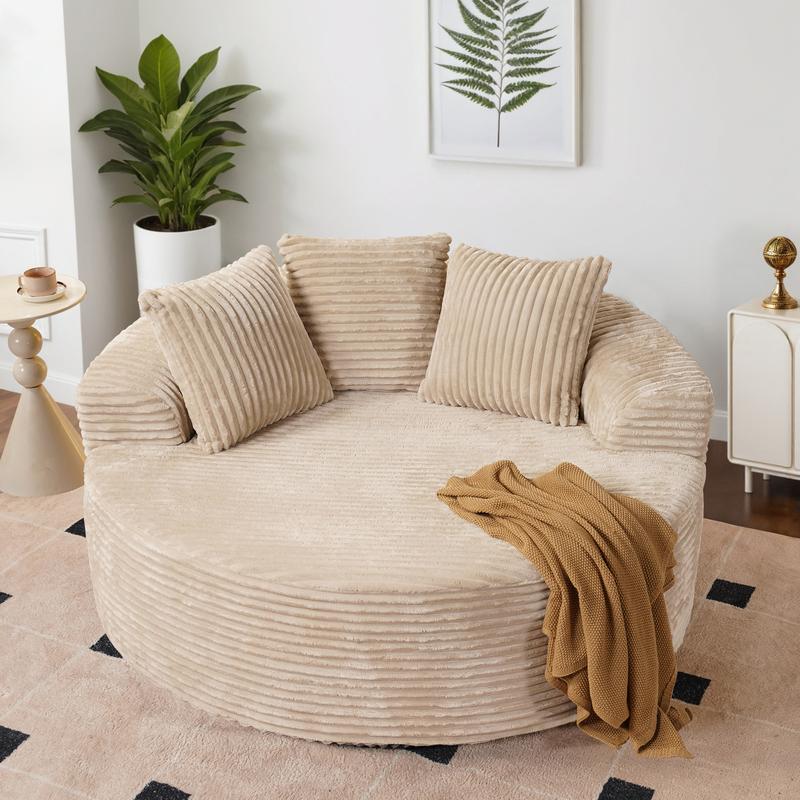 【Fall Deals For You】Ovios 59" W Oversized Round Sofa Bed - Fluffy Lazy Bean Bag, Modern Deep Seat Couch for Relaxation, Plush Corduroy Fabric, 3 Pillows Included, No Assembly Required