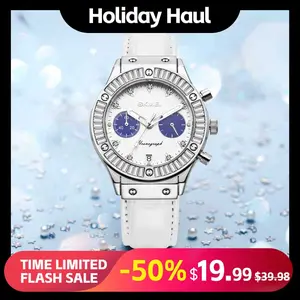 SKMEI Fashion Luxury Zircon Women's Watch Double Eye Timing Night Light 3ATM Waterproof New Year Gift Leather Strap Fashion Watch Analog Luminous Hands