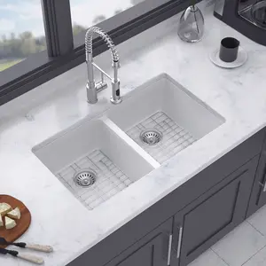 33" x 19" Drop-in Double Bowl Quartz/Granite Composite Kitchen Sink in Matte White RX-QS05-3319W-55